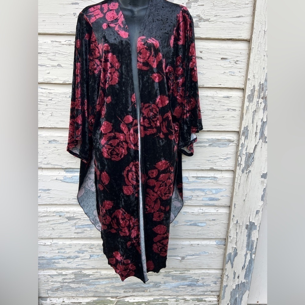Vintage Juicy Gossip Velvet Roses Fairy Goth Dark Romantic 90s Kimono Cardigan L - Picture 2 of 6
